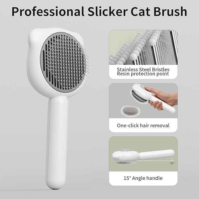 Cat Brush for Shedding, Self Cleaning Pet Hair Brush with Release Button, Cat & Dog Grooming Brush for Long or Short Haired Pets, Removes Loose Fur (White)