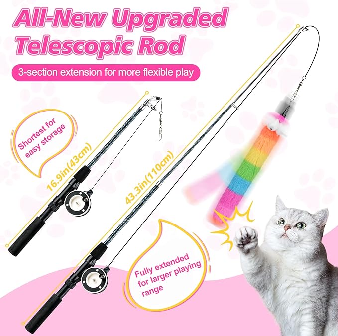 Pawaboo Cat Teaser Wand Toys, Cat Fishing Pole Toy with 3 Pack Feather Refills, 3-section Retractable Kitten Feather Toys with Pulley, Indoor Cats Teaser Catcher Exerciser with Bell,Rainbow + Rose Red