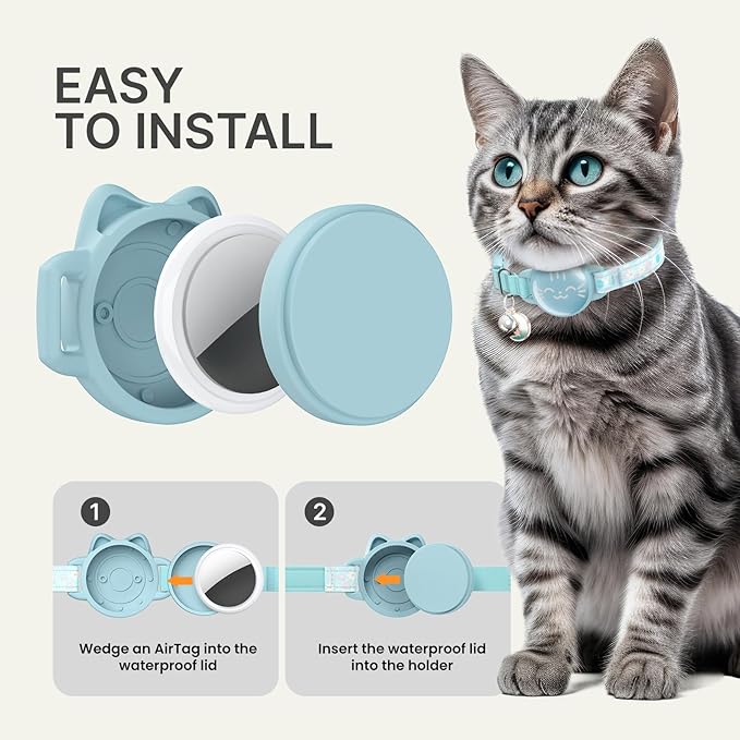 Waterproof Airtag 2nd & 1st Cat Collar, Breakaway Cat Airtag Collar with Luminous & Reflective Fish Pattern, Lightweight Kitten Collars for Apple Air tag, Hidden GPS Tracker Holder for Cats, Kittens