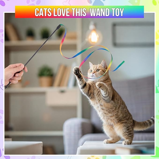 Leitee 30 Pcs Colorful Cat Wand Toys Interactive Rainbow Ribbon Fabric Teaser Wand String for Indoor Cats and Kitten Exercise Playing