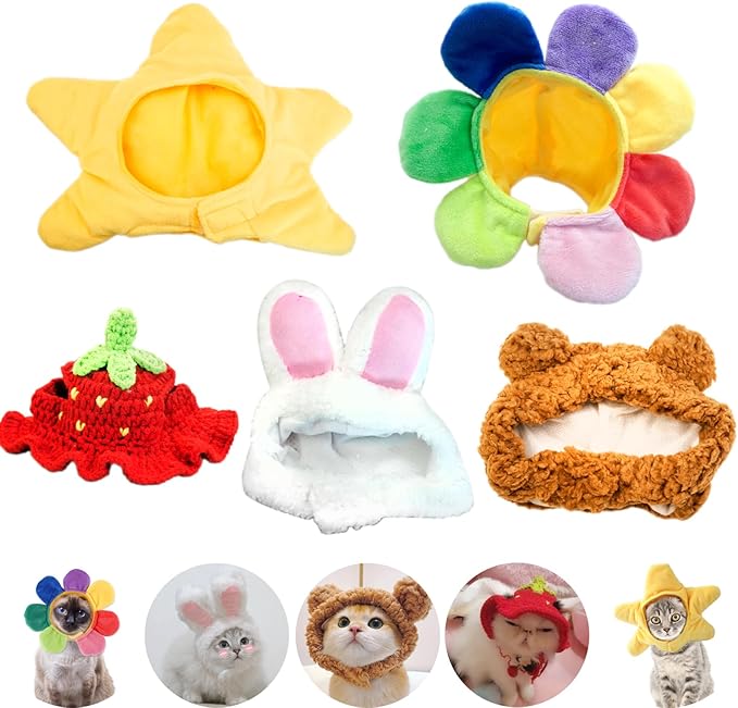 5 Pieces Cat Hat Adorable Cat Costume Outfit Bunny Hat with Ears Funny Mane Hat for Cats and Small Dogs Party Costume Accessory Headwear (Brown Bear-Flower-Starfish-Rabbit-Strawberry)-Not for Children