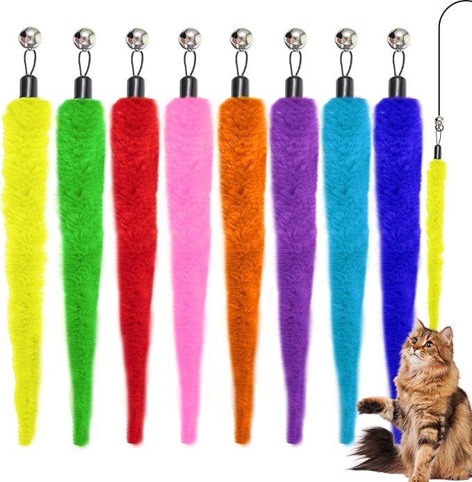 Larrel 8PCS Cat Worm Toy Replacement, Cat Wand Toy Accessories, Soft Worm Cats Toys Teaser with Bell, Fuzzy Worms Toys Attachments Replacements for Indoor Cats and Kitten (8 Colors)