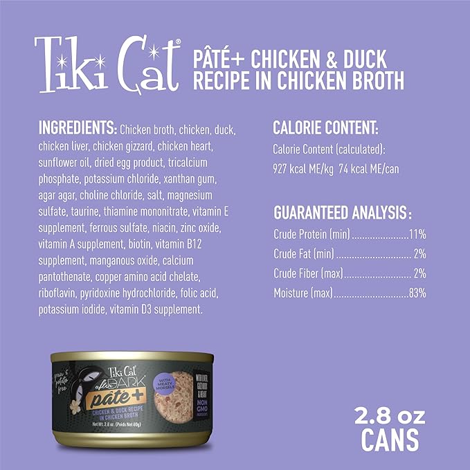 Tiki Cat After Dark Pate+ Wet Cat Food, Chicken & Duck, 5.5 oz. Cans (Pack of 8)