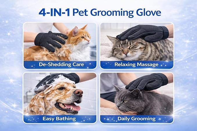 4-in-1 Pet Grooming & Washing Glove for Dogs and Cats, De-Shedding Massage Bathing Grooming Cat Hair Remover Glove with Longer Tips More Efficient (Right, Grey)