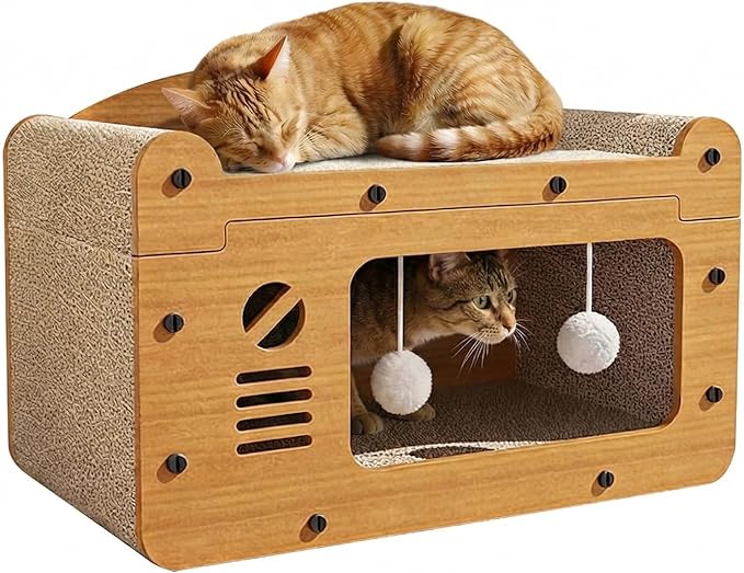 2-in-1 Cat Scratcher House, Retro TV Shaped Cat Condo with Sofa Top, Durable Cardboard Cat Scratching Board for Indoor Cats, Light Oak Style, 22x12x12in