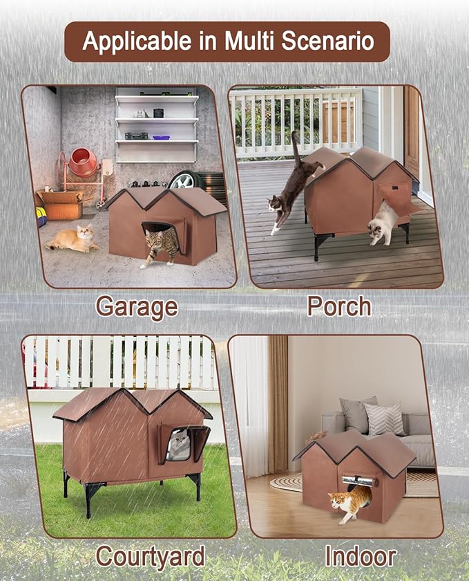 Outdoor Cat House Weatherproof - Insulated Cat Houses for Outdoor Cats - Large Outside Cat House - Waterproof Feral Cat Shelter with Escape Doors & Elevated Base