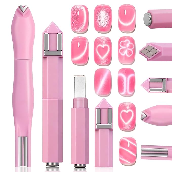 WOKOTO 2 PCS Nail Magnets For Nail Art Designs Tools For Nails, 3 In 1 And 4 In 1 Cat Eye Magnets Pen Sticks For Cat Eye Magnetic Nails, Heart, Grid & French Nail Art Designs Nail Polish Magnet Set