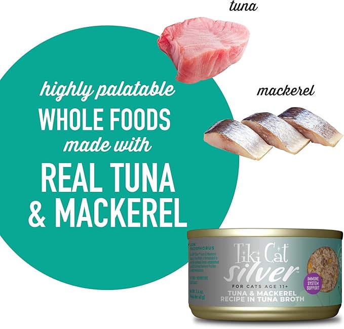 Tiki Cat Silver Wet Cat Food for Seniors, Tuna & Mackerel, 2.4 oz. Cans (12 Count)