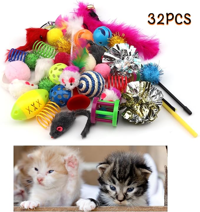 QUOZUO 32 Packs Cat Toys Variety Pack for cat, Cat Balls with Bells, Cat Feather Toy, Cat Mouse Toys, Cat Crinkle Balls, Catnip Toys for Indoor Cats Kittens, Kitten Toys Assortments