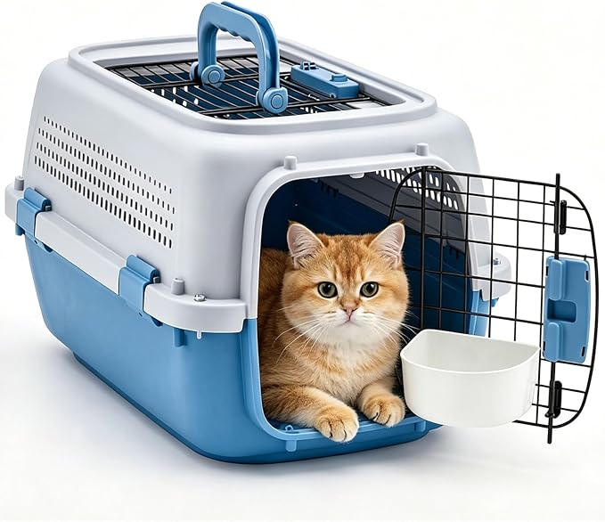 DUMOS 23" Hard-Sided Pet Carrier for Small Dogs & Cats, Airline Approved Travel Crate with Enhanced Security Latches, Front & Top Load Wire Door, Food Bowl for Traveling, Hiking, Camping, Blue