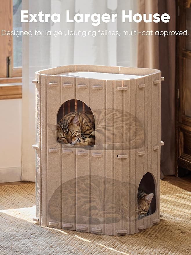 FUKUMARU Cat House for Indoor Cats, 23.62 Inch Large Cat Bed Cave Condo, 2-Storey Cozy Felt Covered Cats Tunnel Kitten Hideaway for Multicats, Scratch Resistant, Beige