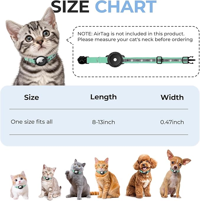 Breakaway AirTag Cat Collar, Reflective Cat Tracker Collar with Air Tag Holder and Bell, Safety Elastic Band Cat GPS Collars for Girl Boy Cats, Kittens and Puppies (Green, 8-13'')