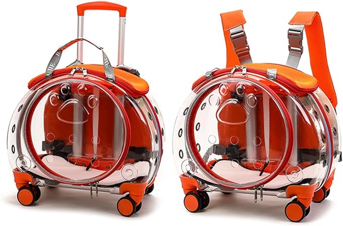 Rolling Cat Carrier,Clear Cat Carrier with Wheels,Pet Trolley Case Pet Backpack for Kitty Small Dog Sturdy and Breathable Design Portable Cats Dogs Backpack for Travel/Taking a Walk Orange