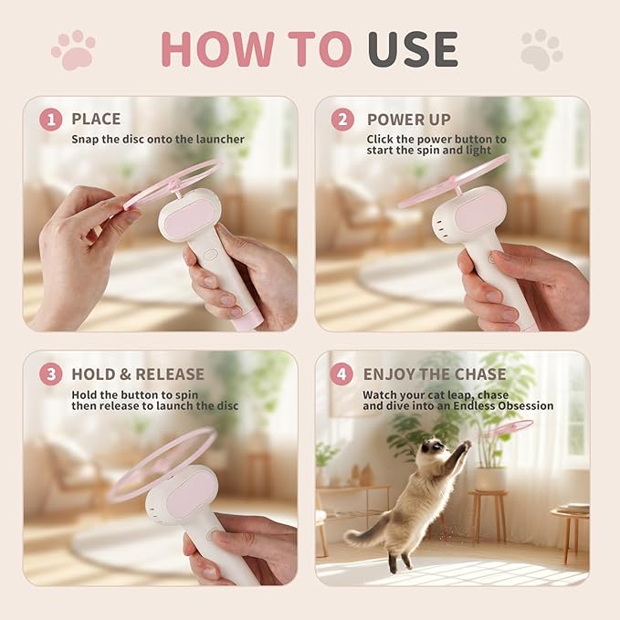 Cat Fetch Toy, One-Touch Automatic Launcher, Up to 20m Range, No Winding Needed, USB-C Rechargeable Flying Disc Toy, Interactive Cat Toy, Indoor Outdoor Use