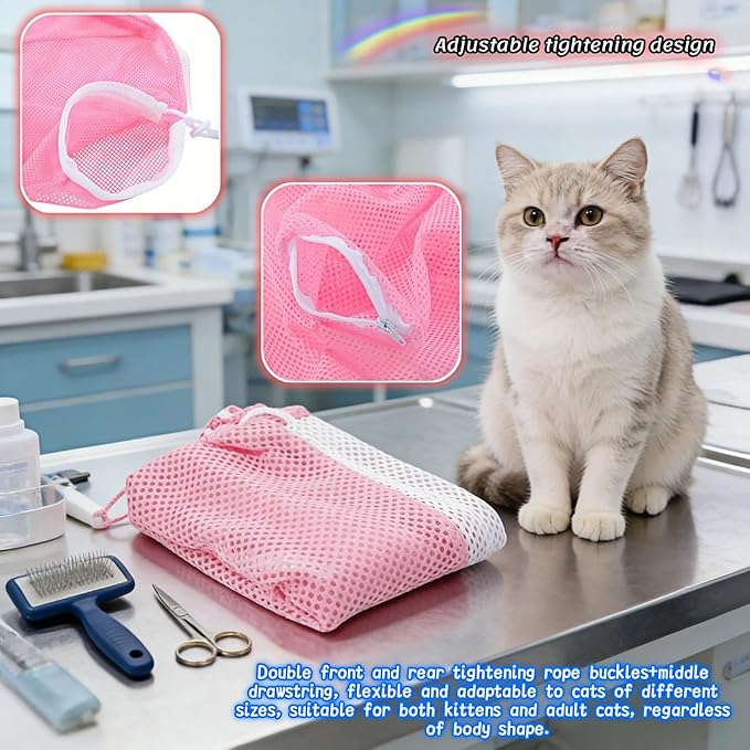 Cat Grooming Restraint Bag with Adjustable Drawstrings, Pink Mesh Bath Bag for Bathing, Nail Trimming, Ear Cleaning, Breathable Polyester with Zipper Design and Handheld Design
