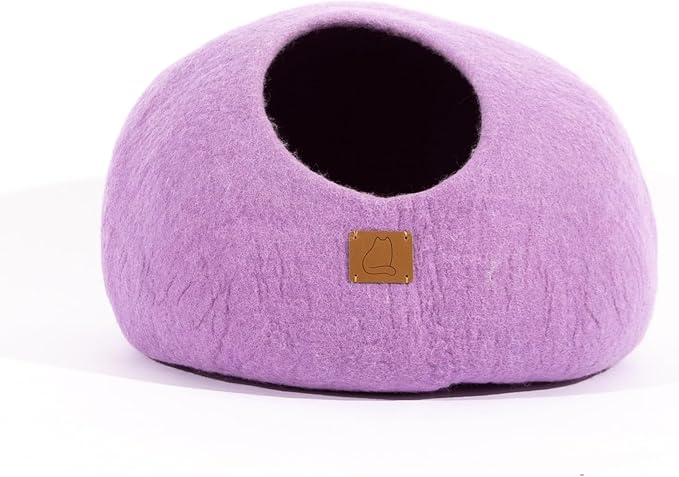 Best Aesthetic Cat Bed - Premium Felted Wool Cat Cave Bed - Cozy Peekaboo Round Cave for Large or Small Cats (Large, Lilac Purple)