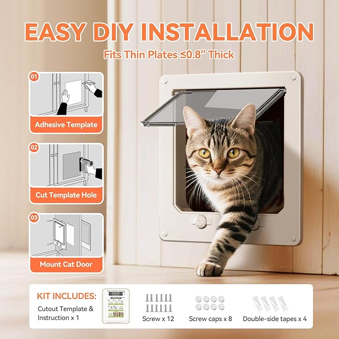 LIBBEPET Thin Cat Door, Safety Pet Door for Cats Up to 25 lbs, Interior Cat Door with 4 Way Locking for Window, Sliding Door and Cat House, Easy to Install, Extra Large