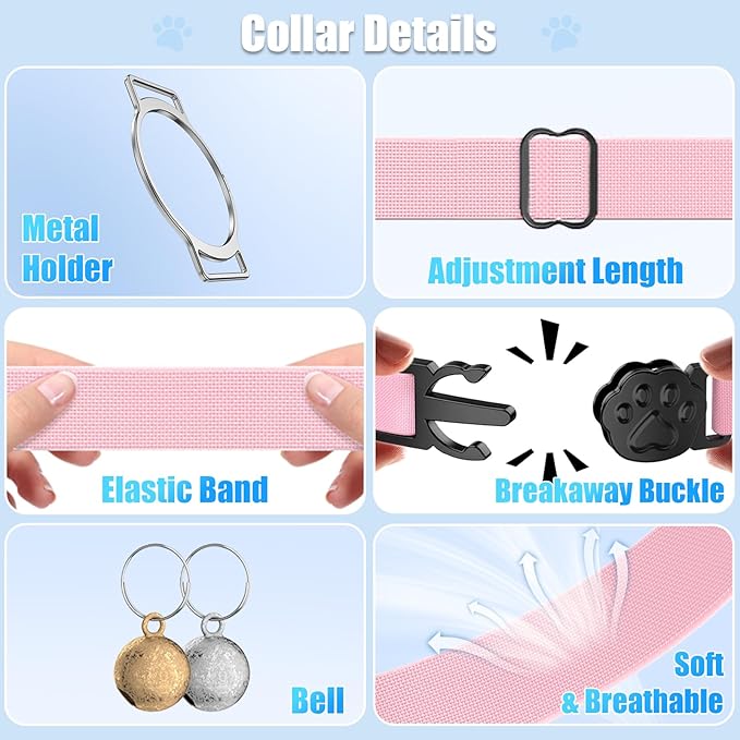 AirTag Cat Collar, Breakaway Air Tag Cat Tracker Collar with Integrated Airtag Holder Compatible with Apple Air Tag, Ultra Elastic & Comfortable Pet Tracking Collars for Cats Kittens (Pink)