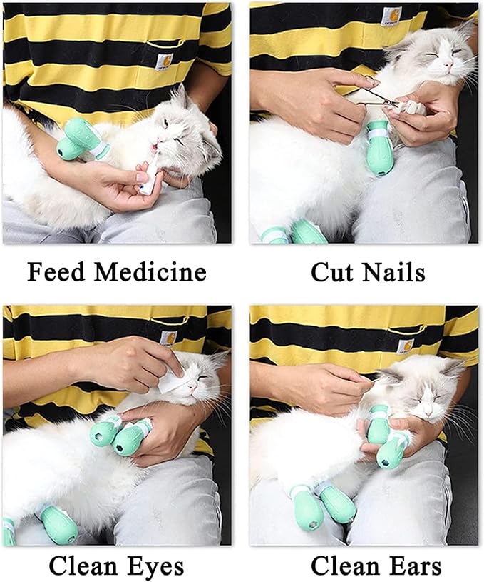 Anti-Scratch Cat Shoes 4 Pack, Pet Supplies Scratch Deterrent Booties, Grooming Accessories Silicone Nail Gloves, Adjustable Claw Cover for Bathing Shaving Treatment Checking (Green)