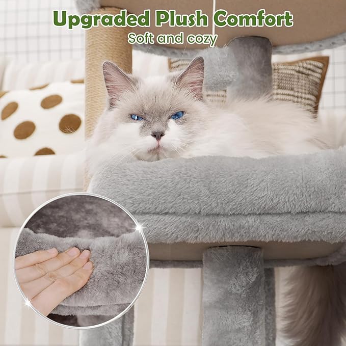 Cat Tree for Indoor Cats, Compact 2-Tier Cat Tower with Padded Donut Beds, Cozy Plush Cat Perch for Small to Medium Cats, Sisal Scratching Posts & Hanging Toy (Light Grey)