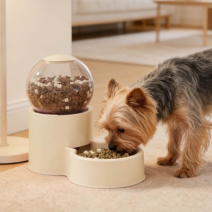 Automatic Cat Feeder, Water Dispenser Gravity Food Feeder and Water Set, Pack of 2, Cat Food Dispenser and Gravity Water Fountain for Cats Small Dogs Puppies Kittens Pets (Beige)