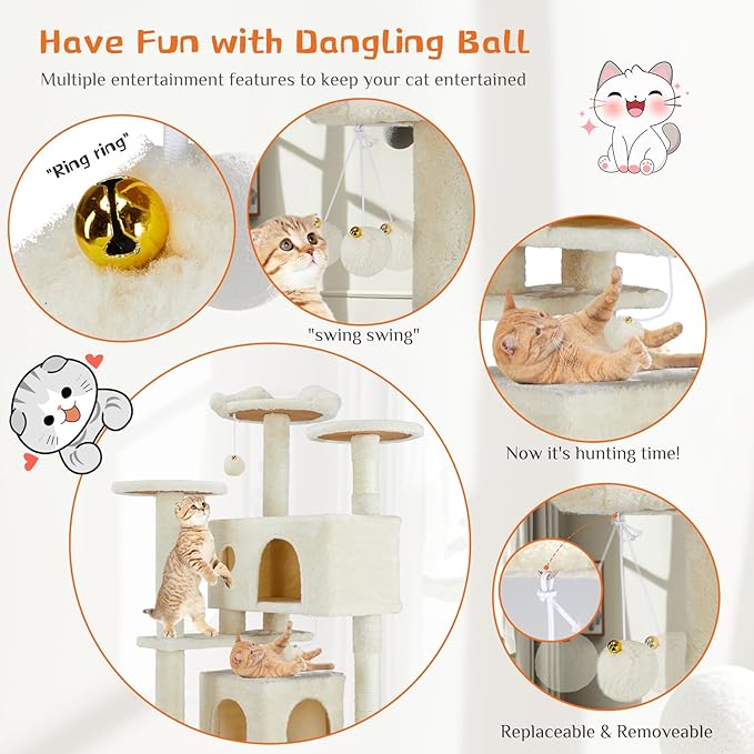 FluffyDream Cat Tree Tower for Indoor Cats, 54 Inches Multi-Level Activity Cat Tree with Sisal Scratching Posts Cat Play House Large Kitten Condo Funny Toys Climbing Ladder, Beige,Premium