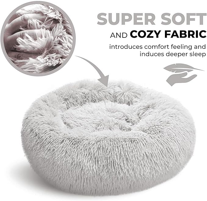 Whiskers & Friends Cat Beds for Indoor Cats, Fluffy Calming Donut Cat Bed, Small Dog Bed Washable - Orthopedic Soft Plush Pet Beds Sized for Kitten to Large Cats & Puppy to Small Dogs, Light Grey 23''