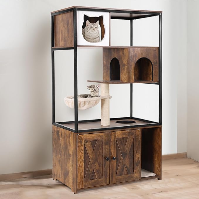 GUTINNEEN Cat Litter Box Enclosure with 4 Levels Cat Tree, 57.5 Inch Indoor Hidden Covered Cat Beds & Furniture, Cat House for Multi Small Pet Large Kitten Kitty