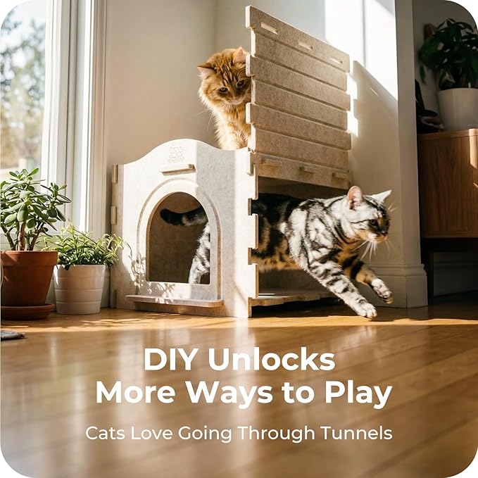 Cat Bed Cave for Indoor Cats: New Felt Cat Bed with Fluffy Ball Hanging, Foldable Cat House with Scratch-Resistant Board, Hideaway Cat Cave for Timid Cats, Sturdy Two-Tier Cat Condo - Gray