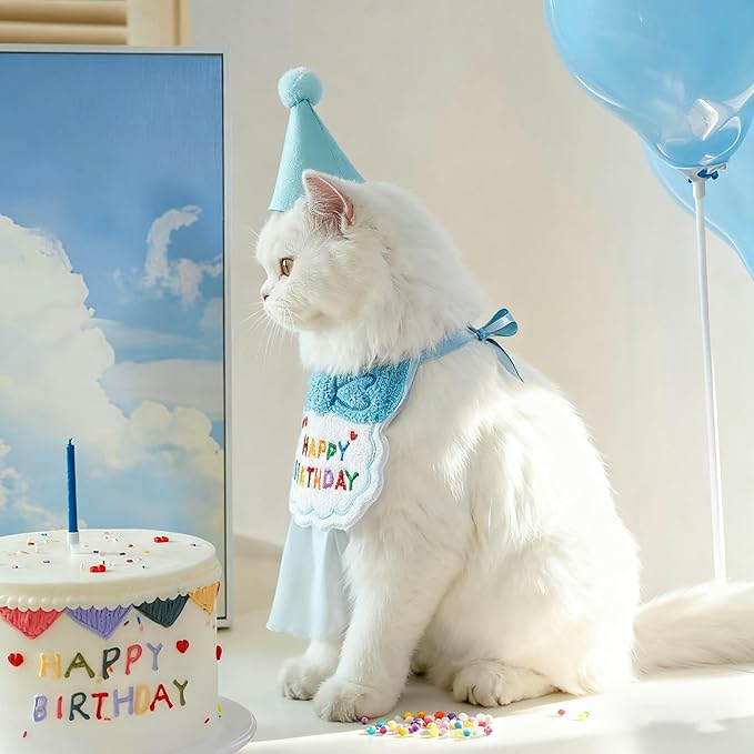 Reusable Cat Birthday Decorations Set - Adjustable Cat Birthday Hat & Bandana with Age Numbers | Kitty Celebration Kit for Memorable Milestones（Blue）