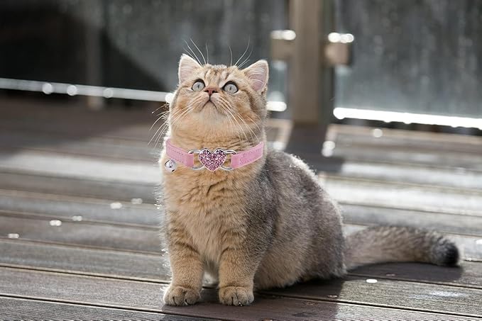 Pink Heart Bling Cat Collar with Safety Belt and Bell Adjustable 8-10 inches for Kitten Cats Quick Release Belt for Small Dogs and Cats Collars, Harnesses and Leashes