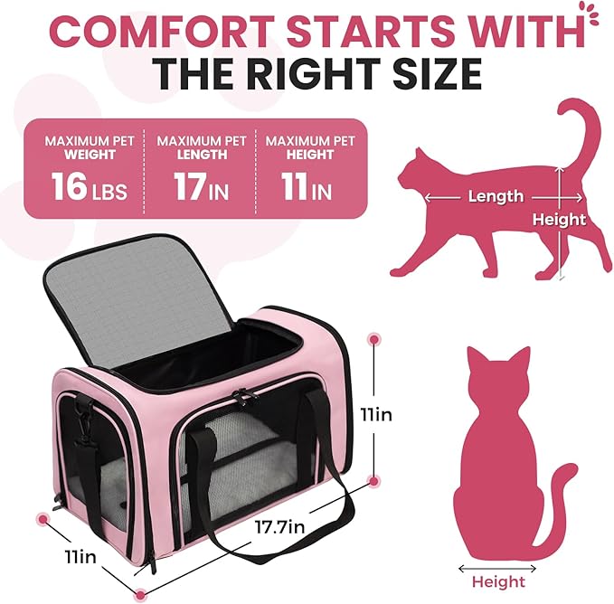 Soft-Sided Cat Carrier Expandable Pet Carrier Airline Approved Mesh Travel Carrier Up to 15lbs for Cats Small Dogs Collapsible Escape-Proof with Shoulder Strap (18x11x11 Pink)
