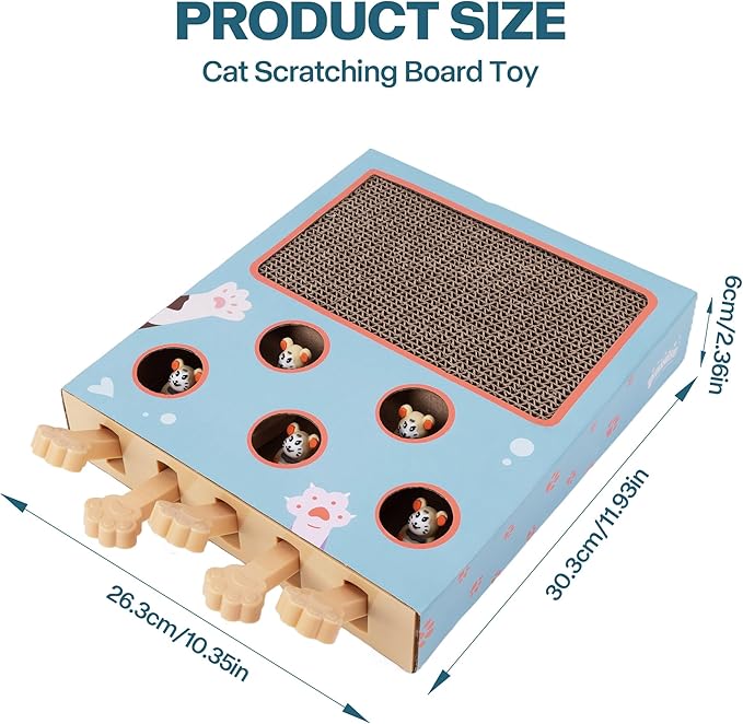 PAWISE Interactive Cat Scratcher Toy - 3-in-1 Cardboard Cat Scratching Board & Interactive Puzzle Toy Box for Indoor Cats, Nail File Scratch Pad with Pop-up Mice, Cat Enrichment Toy for Kitten