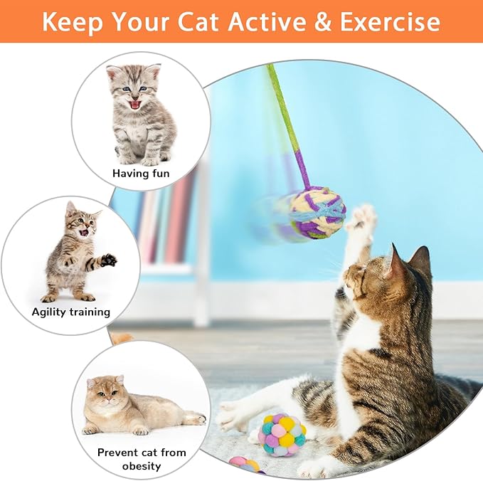 Retro Shaw Cat Toys Balls, 6Pcs Woolen Yarn Cat Balls with Bells Inside, Interactive Kitten Toys for Indoor Cats Kitty, Soft Pompom Jingle Ball with String Cat Nip Toys