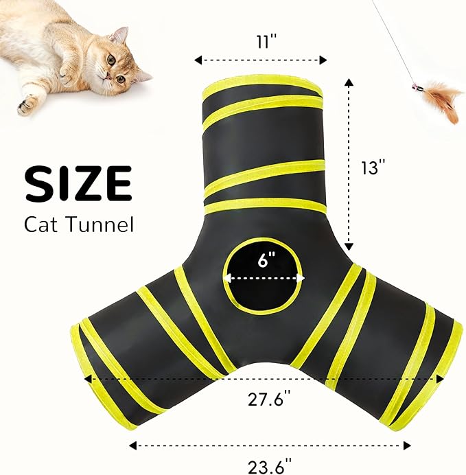 Tempcore Cat Tunnel for Indoor Cats, 3-Way Collapsible Play Tunnel with Teaser Wand, Peek Holes & Toy Ball, Small Pet Toy for Kittens & Rabbits, Black & Yellow