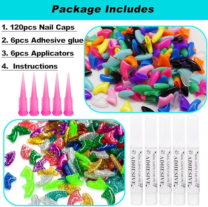 VICTHY 120pcs Cat Nail Caps | Cat Nail Covers | Cat Claw Caps with Adhesives and Applicators (Extra Small)