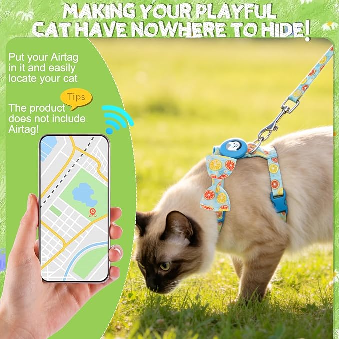 EXPAWLORER Cat Harness and Leash Set with AirTag Holder, Escape Proof Safe Lightweight Adjustable Soft Kitten Harness Set with Bowknot for Small Medium Large Cat Walking Travel Outdoor, Lemon