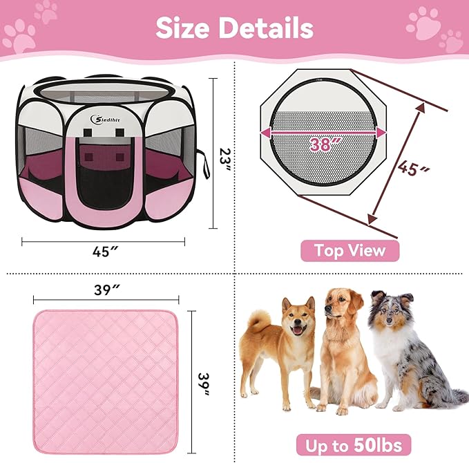 Pink Puppy Playpen for Middle Dog Cat, Dogs Tent Crate Cage Indoor/Outdoor, Portable Pop Up Dog Kennel with Carrying Bag for Rabbits, Removable Top (Pink with Pad, Large)