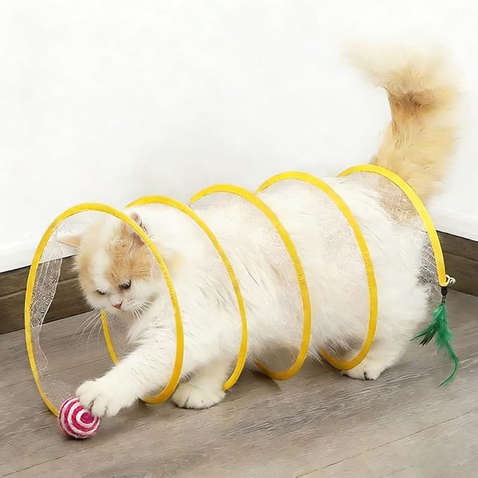 Andiker Cat Tunnel Toy, 10inch Collapsible Metal Cat Spring Toy with Nylon Mesh, Feather, Mouse, and Bell, Interactive Cat Toys for Indoor Cats to Scratch, Puzzle, Relax and Kill Time (Ball)