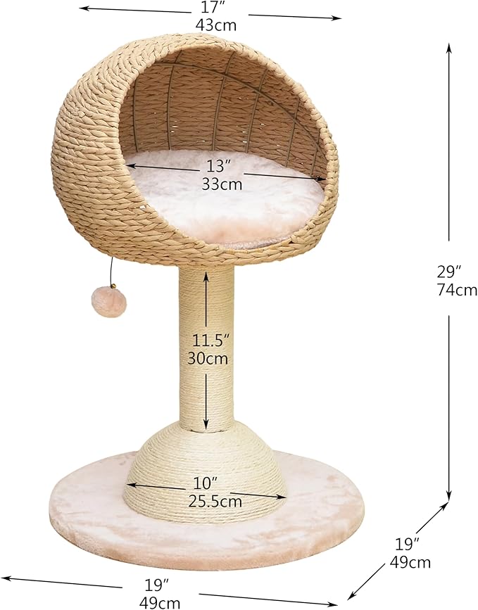 PetPals 2-Level Cat Tree with Handwoven Recycled Paper Rope Baskets, Sisal Scratching Posts, Playful Teaser Toy, Eco-Friendly, Washable Cushion, Cat Furniture (Brown Beige)
