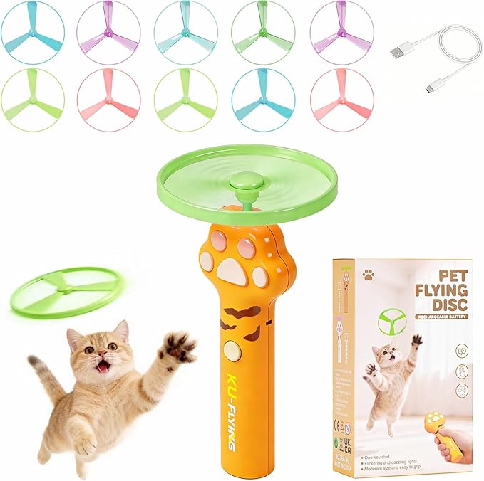 Cat Fetch Toy Launcher with 10 Soft & Flexible Discs, Cat Toys for Indoor Cats, LED Glowing Launcher, Electric Interactive Kitten Toy for Hunting & Exercise, USB Rechargeable