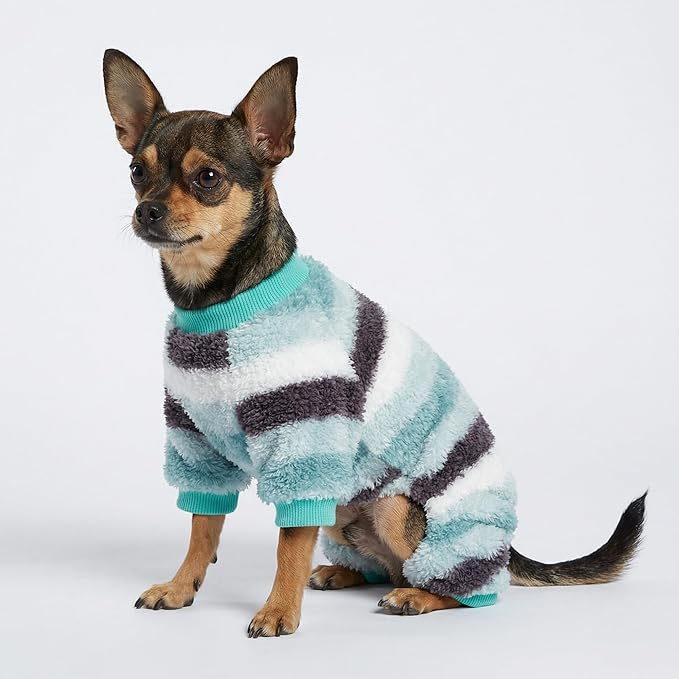 Fitwarm Fuzzy Striped Dog Fleece Pajamas, Warm Winter Clothes for Small Dogs Boy Girl, Cozy Pet Onesie with Feet, Light Sea Green, Black, White, Small