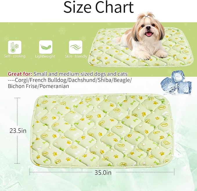 DELIFUR Pet Cooling Blanke, 23.6x35.4 in Ice Silk Cooling Mat for Dogs & Cats, Portable & Washable Pet Cooling Blanket, Easy Carry Mats for Crates, Beds, Sofas, Cars, Summer Use (Green)