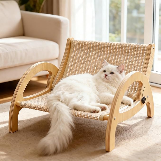 Cat Scratcher Couch, Pet Scratch Lounge, Wooden Frame Recliner, Sisal Claw Panel Adjustable Back Support, Furniture Protector Space Saving Design, Indoor Kitten Resting Bed Carpet