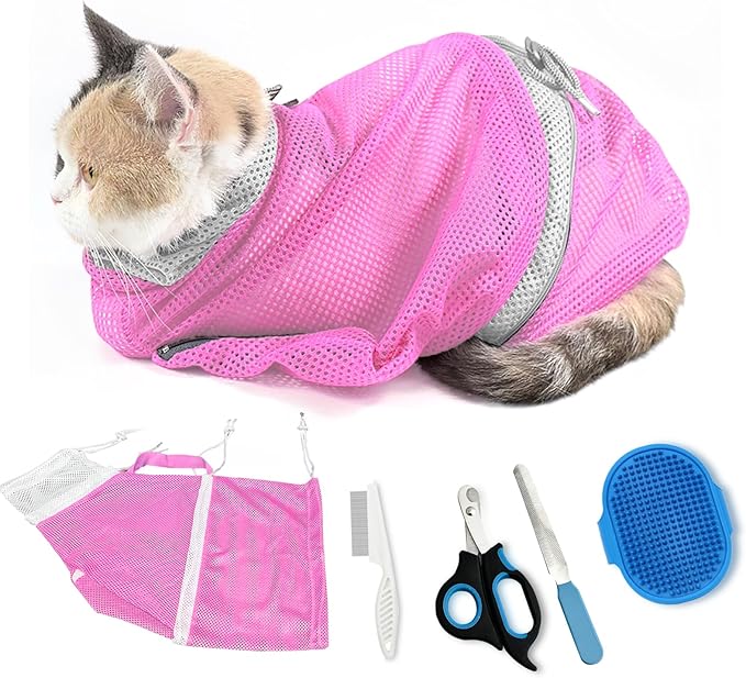 Adjustable Multifunctional Anti-Bite Shower Mesh Bag, Cat Grooming Net, Bath Brush and Cat Nail Clipper (A-Pink)