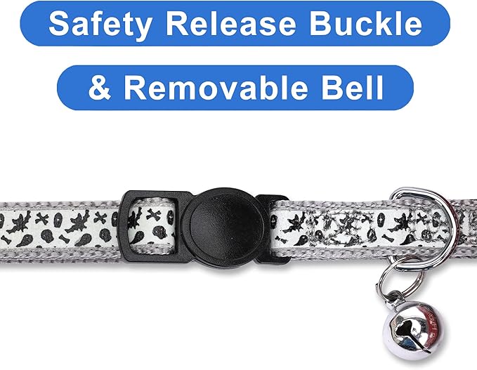 Pawtitas Glow in The Dark Cat Collar with Breakaway Safety Buckle & Bell Adjustable Kitten Collar, Halloween Grey