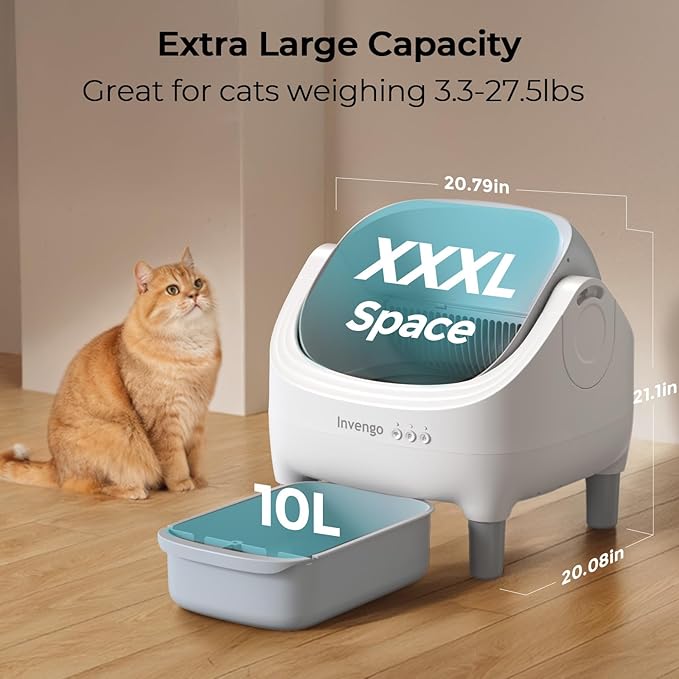 Invengo Automatic Cat Litter Box Self Cleaning, App Control, Open-Top Automatic Litter Box with Safety Sensors, Ultra-Quiet, 10.5L Waste Bin with Odor Control, 2 Rolls of Garbage Bags, Grey White