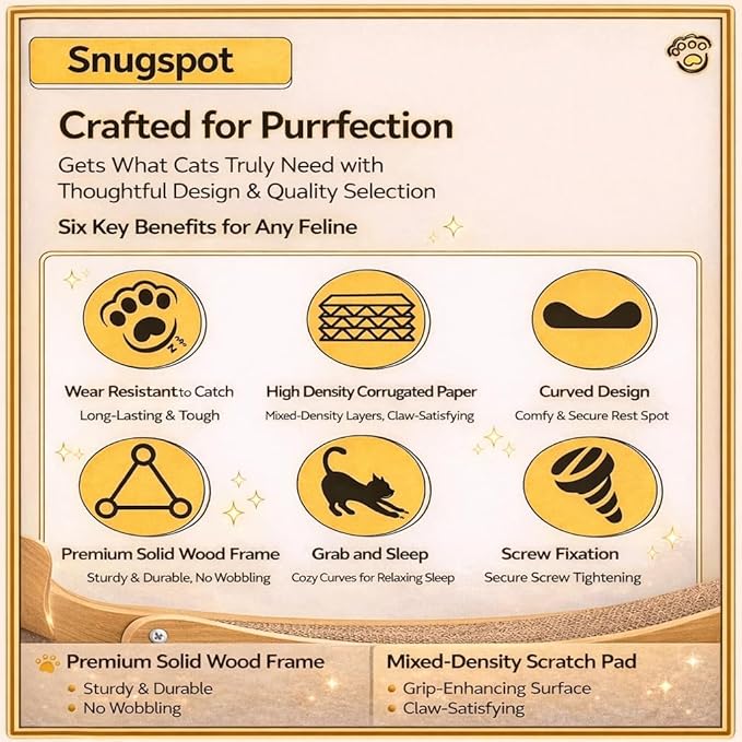 Cat Scratcher Lounge Cardboard, 3-in-1 Cat Sofa Bed for Indoor Cats, Durable Scratch Pad & Resting Bed, Curved Wooden Cat Furniture,