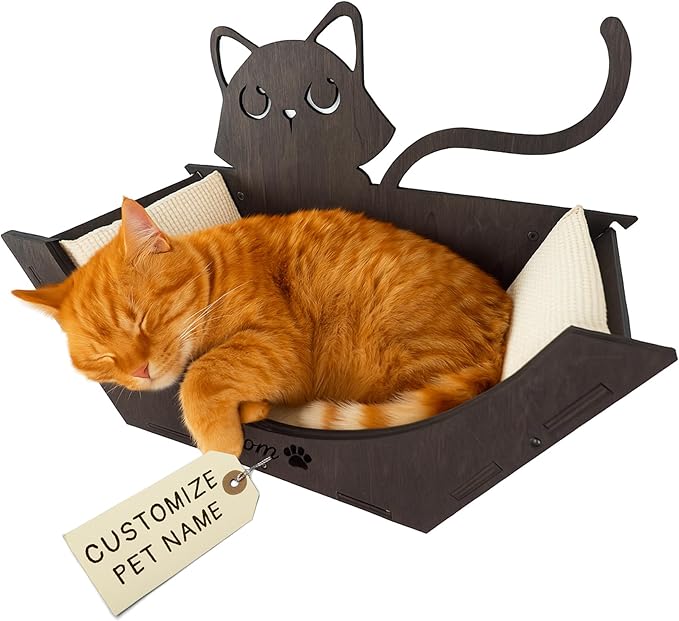 Personalized Hanging Cat Bed Basket Shaped with Mattress, Cat Bed Window with Cushion, Wooden Cat Hammock Wall Shelves, Wood Perch Toy Bed for Playing Sleeping Scratching
