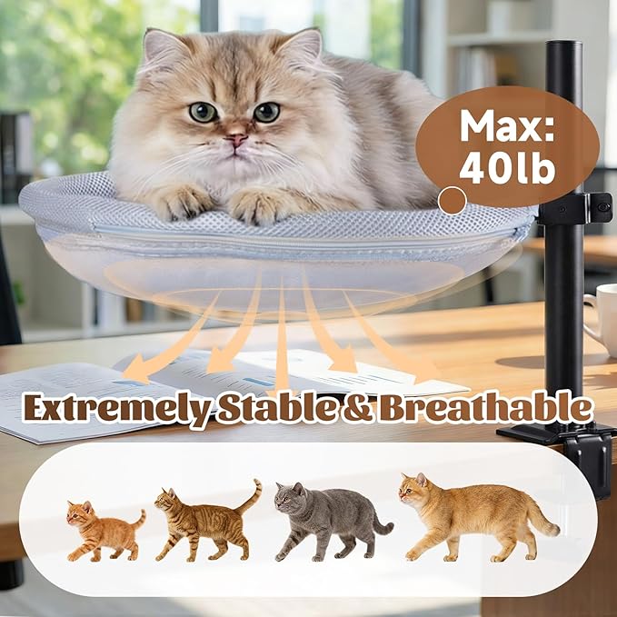Cat Desk Bed with Interactive Hanging Ball, 360° Rotating & Height Adjustable Cat Hammock Perch, Cats Bed for Desk with Removable Washable Cover for Home Office Indoor Cats